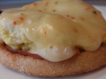 This side: 1/2 whole wheat english muffin, 1 egg, 1 ounce ham and .75 pepper cheese