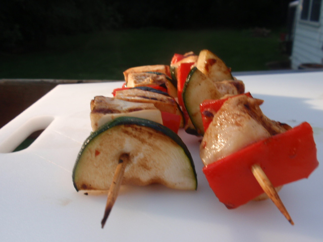 my skewers - the left is the cilantro tofu, the right is the watermelon bbq sauce chicken, both with red peppers and zuccini