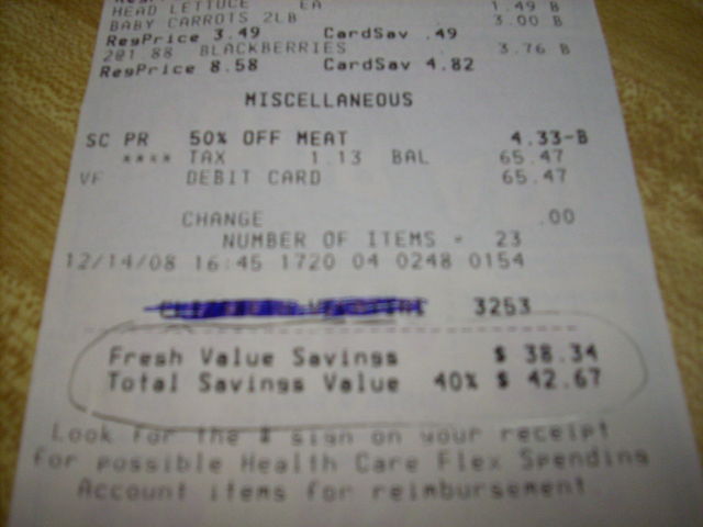 It's not the clearest picture, but I saved $42.67 so I spent $65.47!
